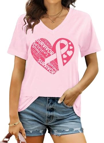 Ithalt Breast Cancer Shirt Women Pink Ribbon Shirts Breast Cancer Awareness Tee Cancer Survivor V Neck Tshirts(Pink8, Large) - Image 1