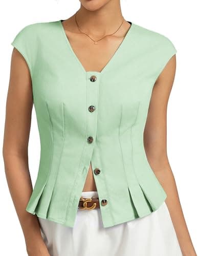 Kate Kasin Womens Button Down Crop Tops, Cap Sleeve Work Shirt, Slim Fit Cute Vest Trendy Mint Green - Image 1