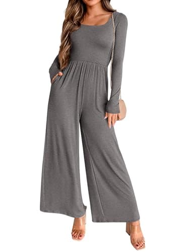 KIRUNDO Long Sleeve Jumpsuit for Women 2026 Spring Outfits Summer One Piece Square Neck Wide Leg Pants Romper With Pockets(Dark Grey, X-Large) - Image 1