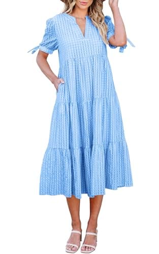 ECOWISH Women Summer Casual Dress - V Neck Short Sleeve Gingham Midi Pleated Tiered Loose Fit Holiday Picnic Dresses Turquoise Blue X-Large - Image 1