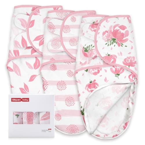 GLLQUEN BABY Baby Swaddle Sleep Sacks with Zipper - 3-Pack Newborn Swaddling Sack, Baby Swaddles Sleep Sack 0-3 Months,Pink Floral or Leaves, Swaddling Blankets 3 Pack Wrap Set, Easy Change Swaddle - Image 1
