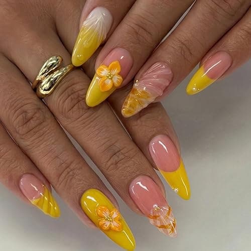 10 pcs Handmade Press on Nails, 3D orange and yellow flowers Sunset Bloom French Fake Nails,The effect is just like a salon manicure French Reusable Full Cover, Salon Grade Manicure Almond Size M
