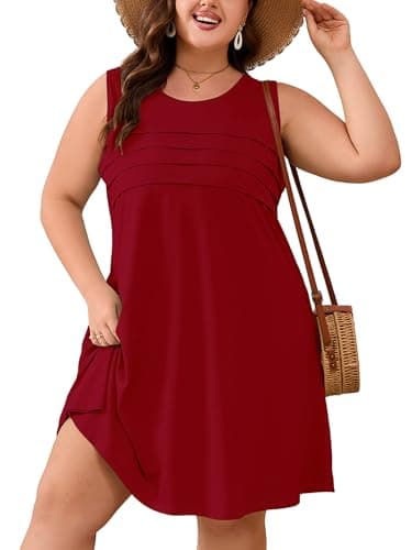 AusLook Plus Size Midi Dress for Women Sleeveless Crew Neck Summer Casual Floral Loose Flowy 2026 Burgundy 4X Tank Sundress Beach Vacation Dress with Pockets - Image 1