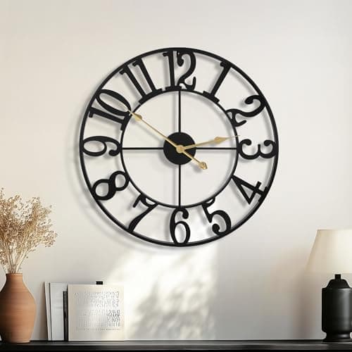HAITANG Large Wall Clocks for Living Room Decor,16 Inch Clock Black Metal Silent Non Ticking Battery Operated Modern Vintage Decorative Clock Wall for Bedroom