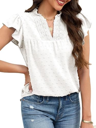 ECOWISH Womens Summer Tops Dressy Casual Ruffle V Neck Short Sleeve Blouses Swiss Dot Boho Flowy Shirts 2026 White Large - Image 1