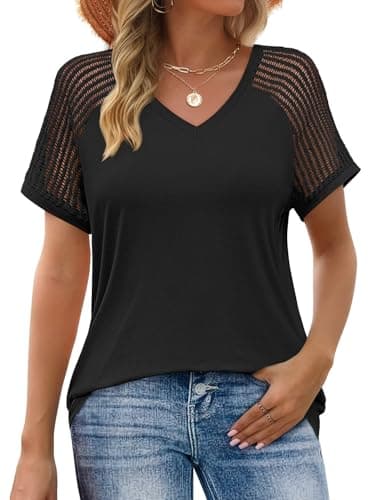 JUSTFASHIONNOW Short Sleeve Blouses for Women Dressy Casual Summer Tops Business Work V Neck Shirts Spring Clothing(Black,Small - Image 1