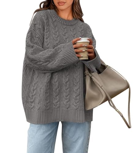 Okiwam Women's Oversized Sweaters Crewneck Cable Knit Pullover Casual Loose Fall Outfits Spring Fashion Clothes 2026-S Grey - Image 1