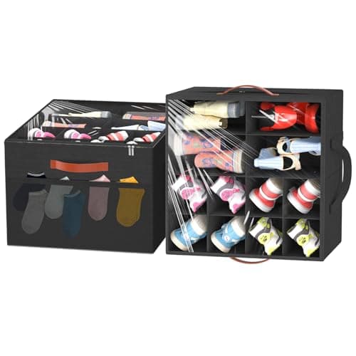 Aokeyee Shoe Organizer for Closet, 2 Pack Foldable Shoe Storage Organizer Box w/Clear Cover and 4 Reinforced Handles, Space Saving Shoes Bin Fits up to 16-32 Pairs, Black - Image 1