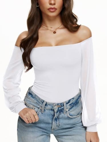 REORIA Womens Going Out Off The Shoulder Sheer Mesh Puff Long Sleeve Thong Bodysuit Tops White Medium - Image 1