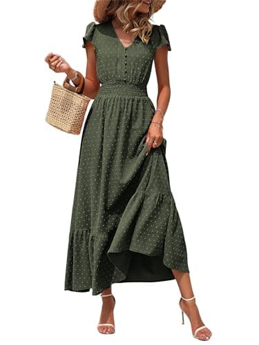 PRETTYGARDEN Summer Dresses for Women 2026 Casual Short Sleeve Maxi Dress Swiss Dot V Neck Smocked A Line Flowy Long Dress(Army Green,Small) - Image 1