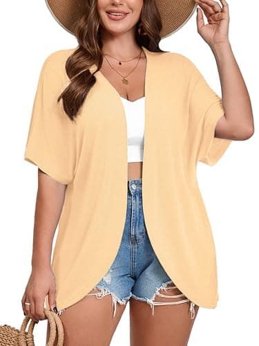 AusLook Women's Plus Size Short Sleeve Lightweight Open Front Cardigan Peach Puff 4X Cover Ups Shrugs Shawls and Wraps Kimono Jacket Coat - Image 1