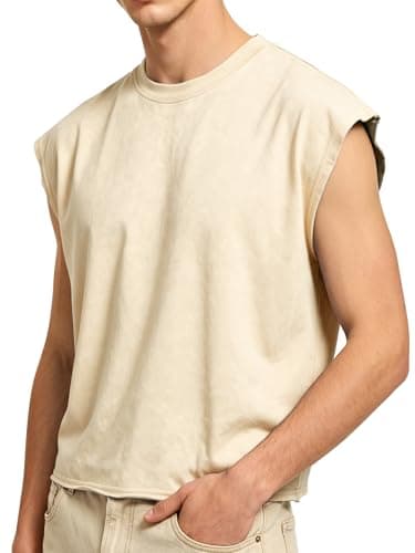 PLEPAN Men's Cropped Muscle Cotton Sleeveless Tank Tops Summer Breathable T Shirts Cap Sleeve Tee Beige Large - Image 1