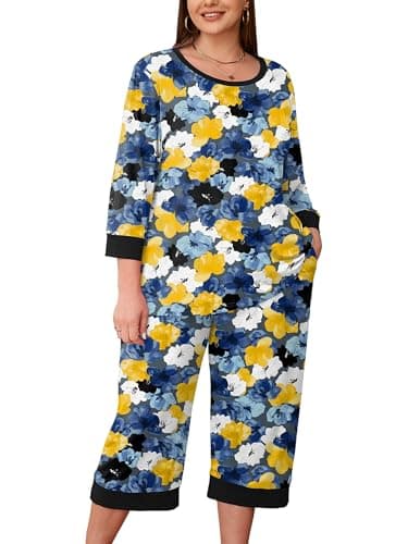 AusLook Women’s Plus Size Pajama Sets Floral 3/4 Sleeve Nightwear Top and Capri Pants 2 Piece Lounge Set with Pockets - Image 1