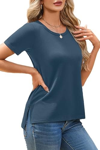 Herou Women Casual Summer Short Sleeve Tops T-Shirts Tees with Side Split Acidblue Large - Image 1