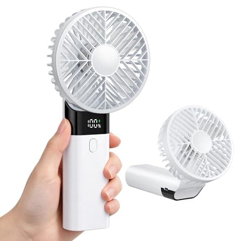 HAWANA Portable Handheld Fan, High Speed mini handheld fan with LED Display, travel fan 180° Foldable Desk Fan with Base, 5 Speed small fan for Outdoor Activities, Travel, Beach, White - Image 1