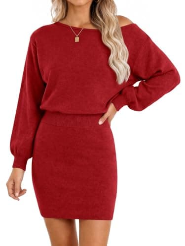 Wenrine Women Off the Shoulder Sweater Dress Long Sleeve Knit Mini Dresses - Image 1