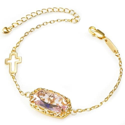 Aimette Monette 18K Gold Plated Cross Bracelet for Women Trendy Dainty Birthstone Bracelet Stack Fashion Christian Gifts Mothers Day Gift for Her Pink - Image 1