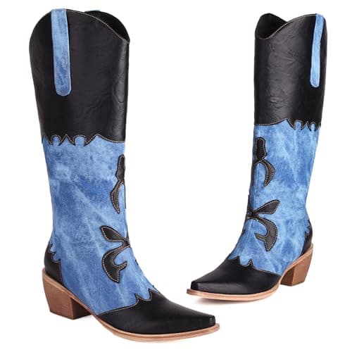 Cozivwaiy Women Denim Cowboy Boots Patchwork Knee High Cowgirl Boots Western Black Boot Mid Calf Jean Blue Boot Pointed Toe Chunky Heel Pull On Size 10 - Image 1