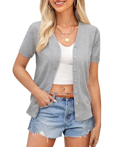 GRACE KARIN Short Sleeve Cardigans for Women Summer, Cropped Bolero Shrugs for Women, Lightweight Cardigans for Women Clothing(Light Gray,XL) - Image 1