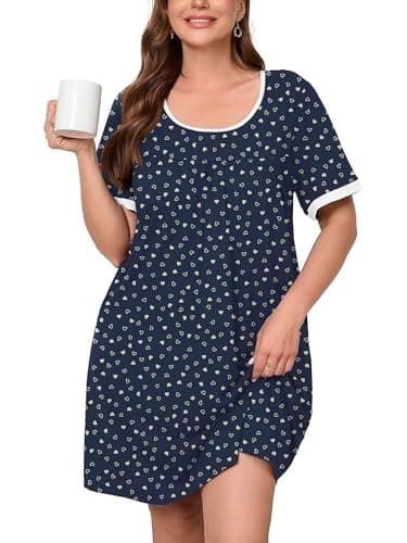 AusLook Plus Size Women's Nightgown 2X Navy Heart Scatter Short Sleeve Sleep Dress Sleepwear Soft Sleepshirts Pleated Scoopneck Nightshirt Sleep shirts with Pockets - Image 1