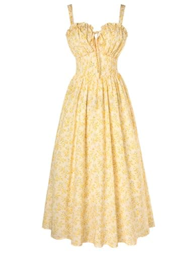Scarlet Darkness Women's 2026 Summer Floral Print Flowy A Line Dresses Milkmaid Maxi Dress with Pockets Beige Yellow Floral XXL - Image 1