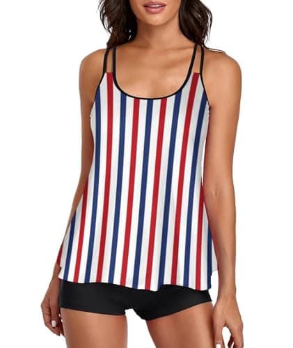 Stylish Swim Suits for Women Slimming Tankini Set Adjustable Straps 2 Piece Swimwear Tropical Hawaii Beach Pool Party Photoshoot Flattering Hides Belly Perfect for Vacation Red Blue Stripes S - Image 1