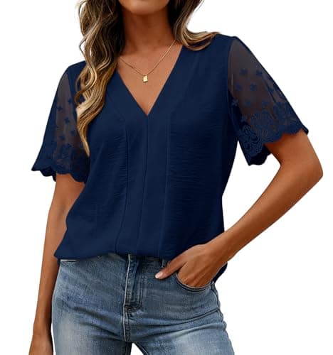 Zenlonr Women Tops Summer 2026 Short Sleeve Shirts Spring Vacation Fashion Dressy Casual Business V Neck Blouses(Navy,Small) - Image 1