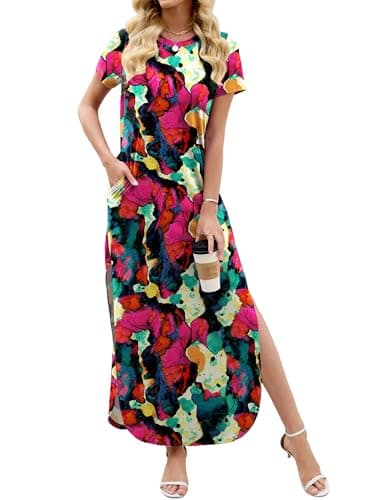 Heymoments Womens Summer Maxi Dress Floral Print XX-Large Short Sleeve Casual Loose Fitted Long T Shirt Ladies Flowy Dresses Split Cute Vacation Party Beach Travel Elegant Sundress with Pockets - Image 1