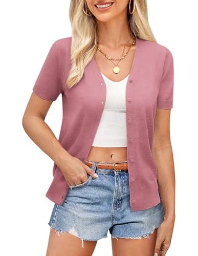 GRACE KARIN Summer Fall Sweaters for Women Lightweight Short Sleeve Cropped Cardigan Teacher Outfits(Dusty Rose,M) - Image 1