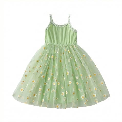 Boho Daisy Tulle Dress for Toddler Girls Fairy Aesthetic Sundress Elegant Floral Princess Gown for Spring Outing Tea Party Mint Green 3-4T - Image 1
