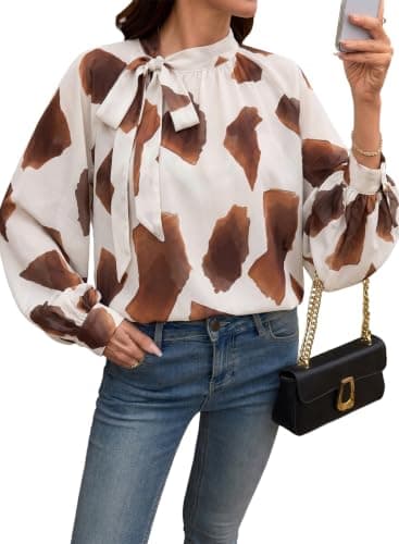 Dokotoo Long Sleeve Summer Tops for Women 2026 Business Casual Outifits Work Dressy Shirts Oversized Blouses Fall Tie Neck Going Out Tops Trendy Sexy Mesh Floral Shirts Brown XX-Large - Image 1