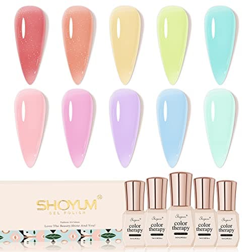 SHOYUM Jelly-Pastel Gel Nail Polish Set - 10 Pcs Pink Nude Gel Polish Set with Summer Yellow Blue Colors - DIY Soak Off Nail Lamp - Easter Decoration Gifts for Women - Manicure Kit