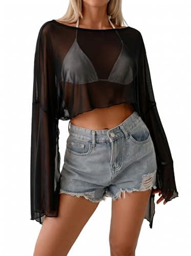 Dokotoo Women's Sheer Solid Beach Cover Up Bell Long Sleeve Cropped Swimwear Cover Up for Summer Beach Vacation Mesh Sheer Shirt Outfits Black Small - Image 1