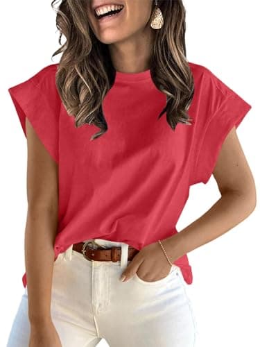 ZDC Women's Cap Sleeve Tank Tops Summer Crew Neck T Shirts Basic Loose Fit Solid Tee Red - Image 1