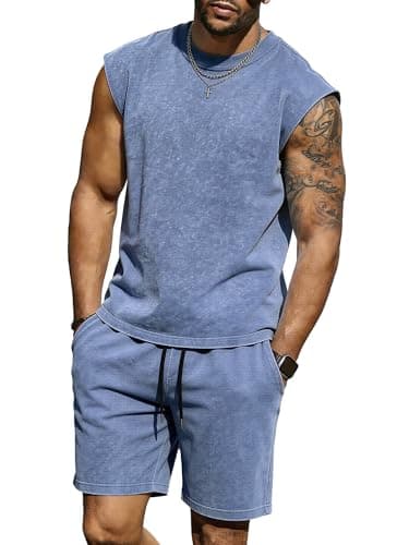 JEMLDL Men's 2 Piece Acid Wash Tank Tops and Shorts Lounge Lightweight Cotton Sweatsuit Fashion Clothing Set Sky Blue L - Image 1