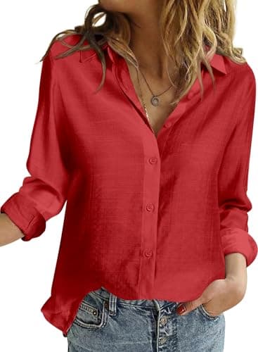 Ficovis Collared Shirts for Women Womens Button Down Blouse Dress Shirt Women's Tops Long Work Business Casual Clothing Red Size 2XL - Image 1
