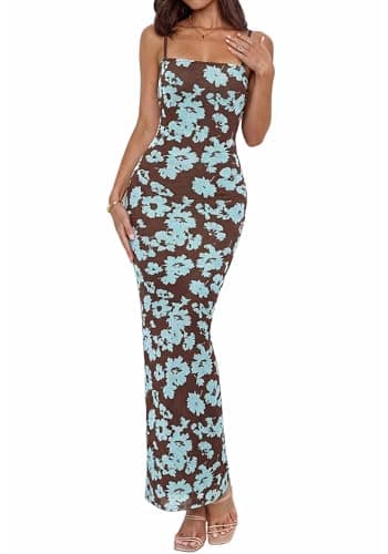 BTFBM Womens Summer Maxi Dress 2026 Floral Mesh Spaghetti Straps Sleeveless Sexy Bodycon Wedding Cocktail Party Dresses(Floral Blue, Medium) - Image 1