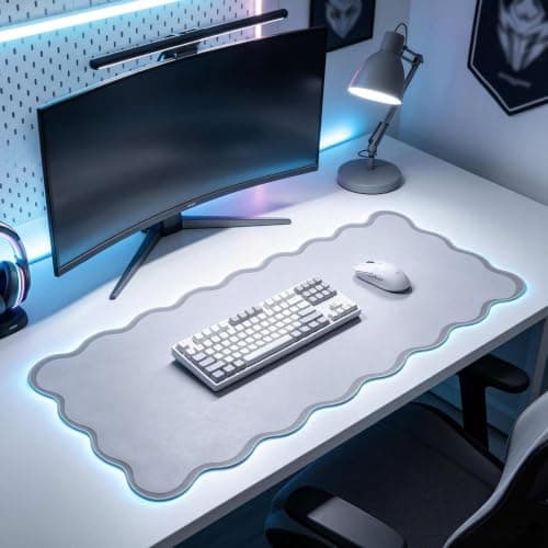yuboo Grey Scalloped Desk Mat, 31" x 15.7" Large Aesthetic Mouse Mat, PU Leather Waterproof Computer Mouse Keyboard Desk Pad, Desk Accessories for Office and Home