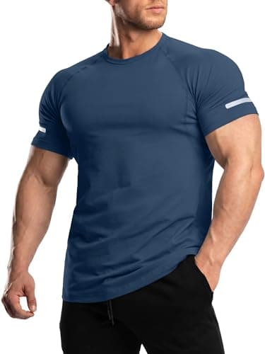 Comdecevis Workout Shirts for Men Sun Protection Dry Fit Moisture Wicking UV Rash Guard Athletic Tee for Gym, Navy Blue, M - Image 1