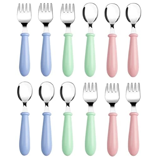 Pimoys 12 Pieces Toddler Utensils Kids Silverware Set Baby Forks and Spoons, Stainless Steel Childrens Safe Cutlery with Round Handle for Self Feeding, Dishwasher Safe