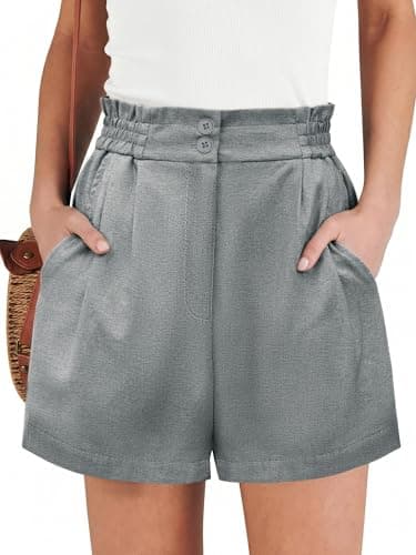 Biodeer Women's High Waisted Paperbag Shorts Casual Summer Elastic Pleated Dressy Work Shorts Tailored Wide Leg Trouser Shorts with Pockets Grey - Image 1