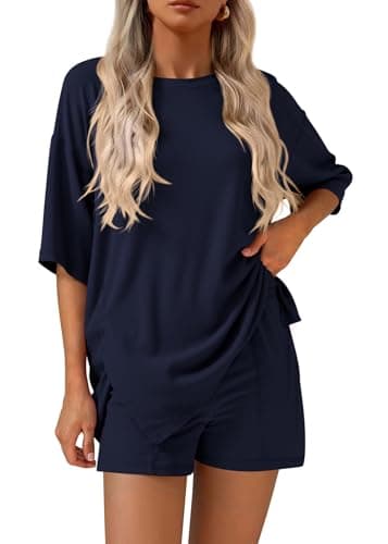 KIRUNDO 2 Piece Sets for Women Summer Lounge Sets Casual Oversized Tshirts Shorts Matching Airport Travel Outfits Postpartum(Navy Blue, XX-Large) - Image 1