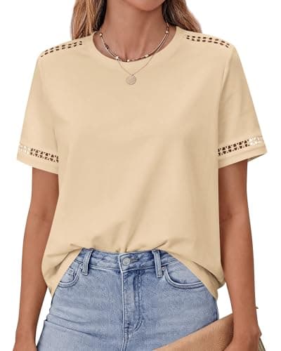 BTFBM Short Sleeve Shirts for Women 2026 Lace Summer Tops Spring Casual Loose Crew Neck T-Shirt Cute Vacation Outfits(Apricot, Small) - Image 1