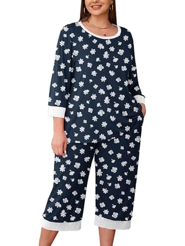 AusLook Womenâs Plus Size Pajama Sets Floral 3/4 Sleeve Nightwear Top and Capri Pants 2 Piece Lounge Set with Pockets - Image 1