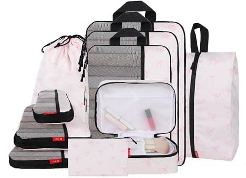 U+U 10 Set Compression Packing Cubes - Ultralight Travel Organizers with Laundry Bag and Cosmetic Bag, Space-Saving Suitcase Organizer for Travel, Business Trip and Family Vacation (Pink Bow) - Image 1