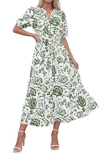 Okiwam Summer Dresses for Women 2026 Casual V Neck Short Sleeve Boho Floral Midi Dress Button Down Beach Vacation Sundress-S Green Flower - Image 1