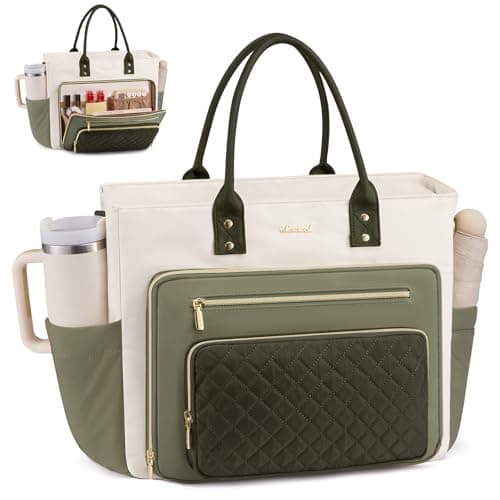 LOVEVOOK Teacher Tote Bag for Women Work, Laptop Bag With Large Cup Holder, Nurse Bags Professional Briefcase Business Computer Purses Handbag,Light Green-Beige-Olive Green,15.6 Inch - Image 1