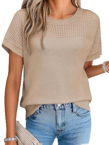 Womens Spring Crochet Knit Tops Lightweight Summer Short Sleeve Sweater Cap Sleeve T Shirts Blouses Khaki, XXL - Image 1