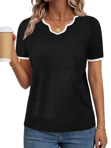 GKBK Women Short Sleeve V Neck Sweater Lightweight Pullover Top Fashion Clothing for Business Casual Work Outfits Spring Summer 2026 Black XX-Large - Image 1