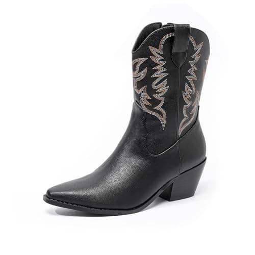 Amoji Women Western Cowboy Boots Cowgirl Mid Calf Boots Pointed Square Toe Pull On FZD307 Black Size 6 - Image 1